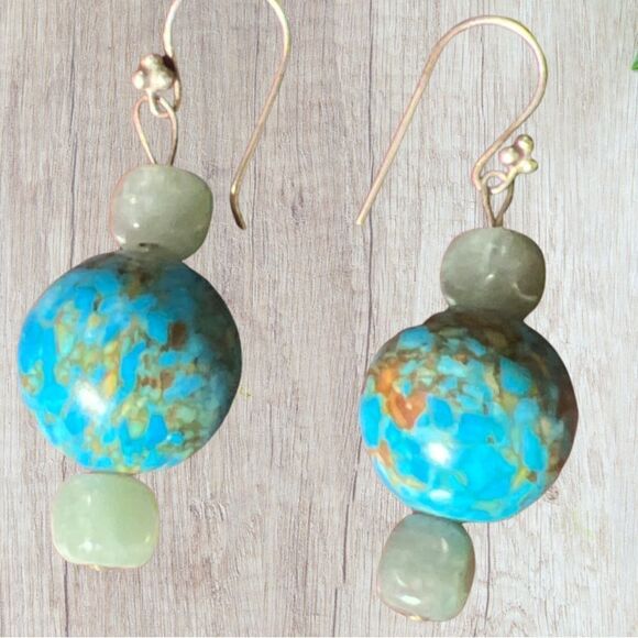 Vintage Genuine Kingman Turquoise & Aventurine Stone Sterling Drop Earrings - Picture 4 of 6